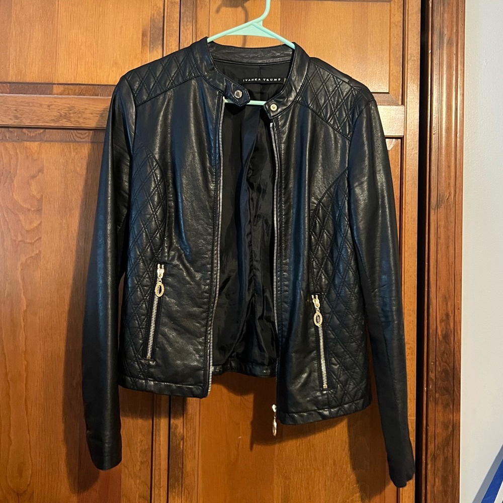 Ivanka Trump Black Faux Leather Jacket Size XS Gold Details